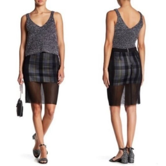 English Factory Mesh Overlay Plaid Pencil Skirt Black Size Small Nordstrom S NEW - Picture 1 of 8